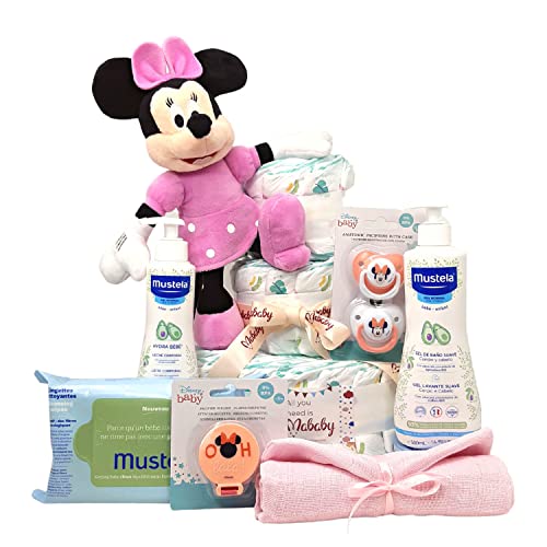 Mababyshop, Tarta Pañales Fantasía, Regalo Bebé Recién Nacido con Selección de Productos Para Bebé de Calidad, Pastel de Pañales con tu Peluche (Minnie)