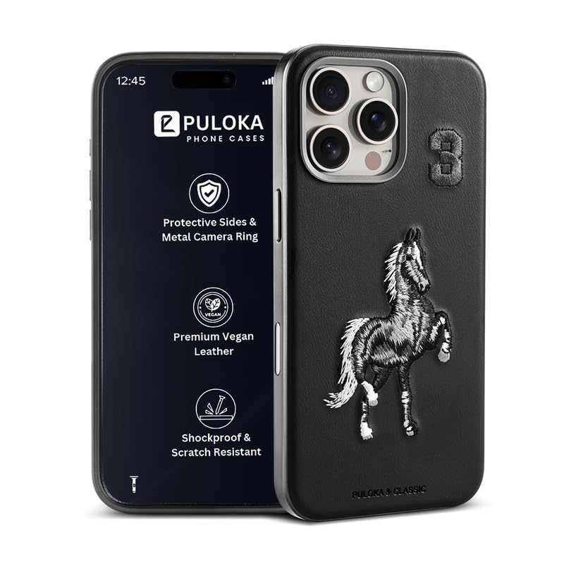 Image of PULOKA - Mobile Cover Compatible for iPhone 16 Pro - Horse Embroidery - Sleek & Stylish - Protective & Anti Scratch Phone Cover Vegan Leather Back Case - Men & Women - Santa Barbara Polo (Black)