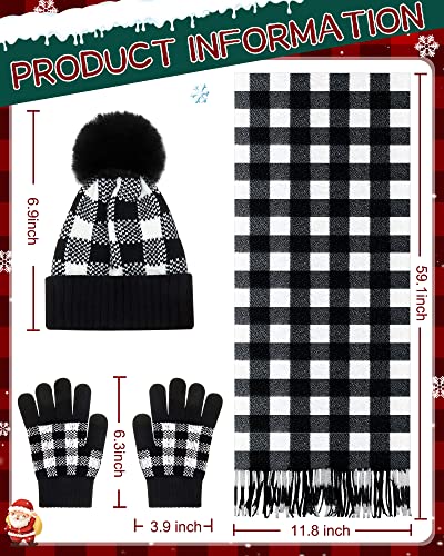 6 Pcs Buffalo Plaid Winter Warm Sets for Kids 2 Pcs Knitted Pom Beanie Hat 2 Pairs Knitted Plaid Gloves 2 Scarf for Boys and Girls Winter Christmas, Red, Black, White2