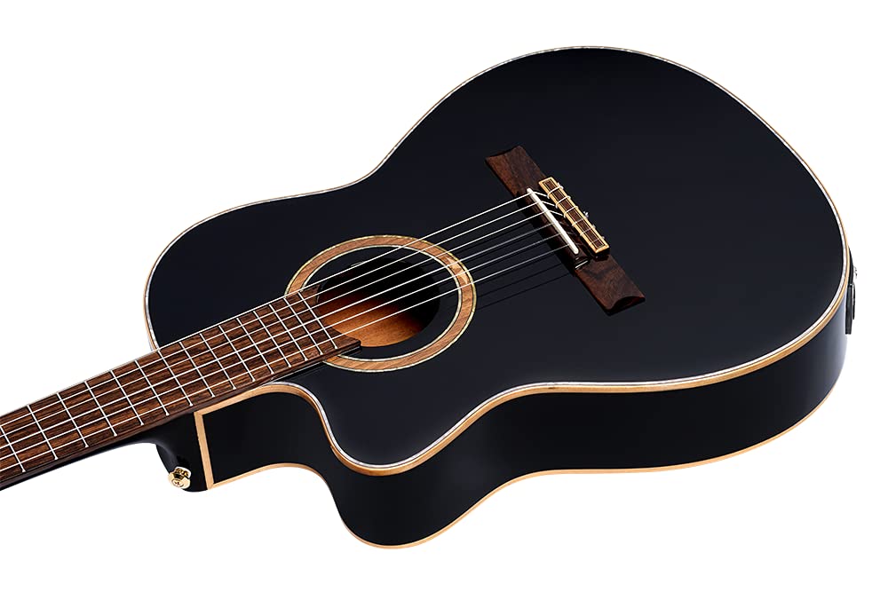 Ortega RCE138-T4BK-L - Chitarra da Concerto per Mancini, con Cutaway, Cassa Thinline (4/4), Custodia e Fascia, Colore: Nero