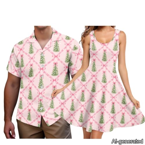 Image of Dreaweet Summer Dresses for Women A-Line Sleeveless Flowy Sun Dresses,Men's Casual Button-Down Shirts,Couple Matching Outfits