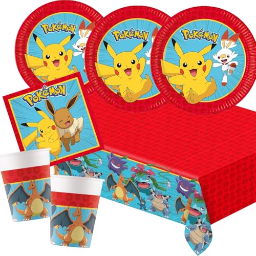 Kit de fête Pokémon 37 pièces, assiettes en carton, gobelets en carton, serviettes et nappe pour anniversaire d'enfant