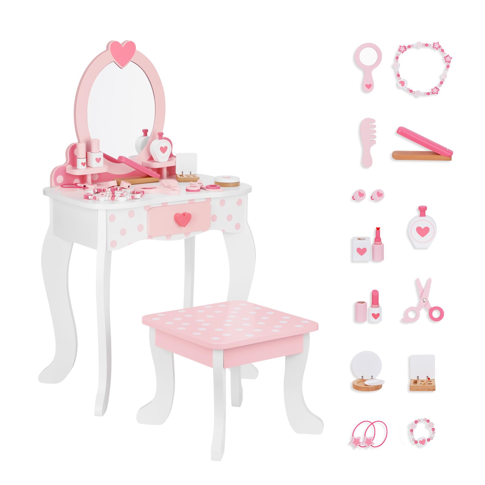 OOOK Coiffeuse pour Enfants, avec Table, Chaise et Miroir (Comprend 15 Accessoires de Maquillage différents, Rose)