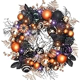 Valery Madelyn 26 Inch Halloween Wreath with Lights for Front Door, Collapsible Pre-Lit Wreath with Fake Crow Pumpkin Halloween Decorations for Home Wall Decor