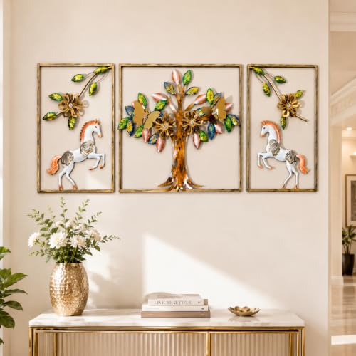 Image of SHREE 'O' GREEN TECH - Modern Iron Tree of Life Wall Decor Multicolor Horse Floral Leaf Artwork Large Hanging Frames for Living Room Bedroom Office Hotel Interior Styling (Set of 3)