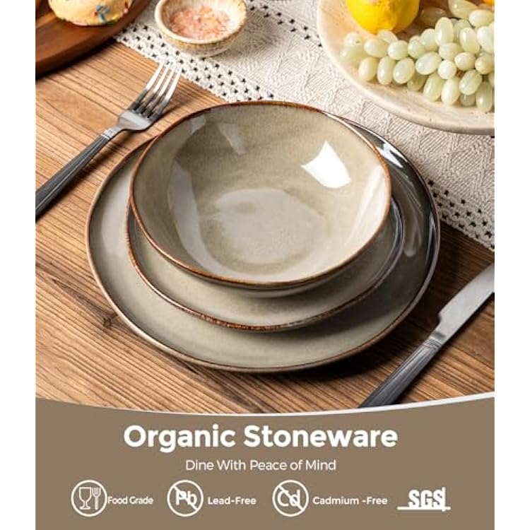 GBHOME Stoneware Dinnerware Sets for 4,12 Pieces Rustic Earthenware Plates and Bowls Set,Handmade Reactive Glaze Ceramic Plate Sets, Chip Resistant Dishes, Microwave & Dishwasher Safe,Driftwood Taupe