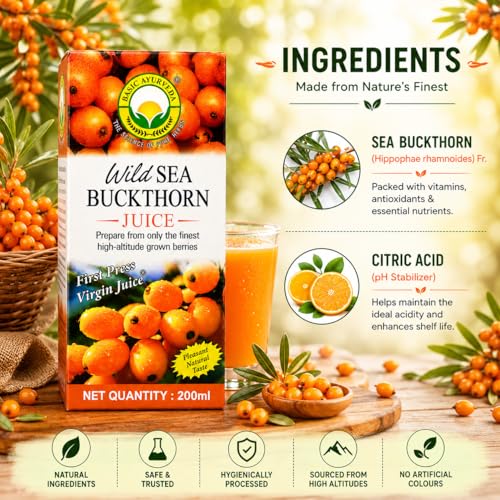 Image of Basic Ayurveda Wild Sea Buckthorn Juice 200 ml | Herbal Berry Juice for Men & Women | Natural Vitamin C, Vitamin E, Omega 3 6 7 9 & Antioxidants | Supports Immunity, Skin Health & Daily Wellness