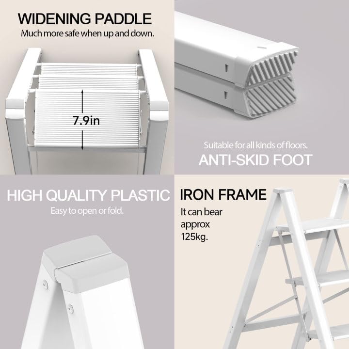 Image of SOLADDER 3 Step Ladder, Folding Step Stool, Lightweight Stepladder, White