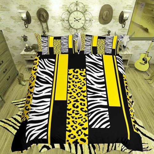 Loussiesd Jaune Noir Blanc Léopard Housse de Couette 220x240cm pour Filles Garçons Enfants gépard Ensemble de literie Chambre Animaux décoratif Parure de...