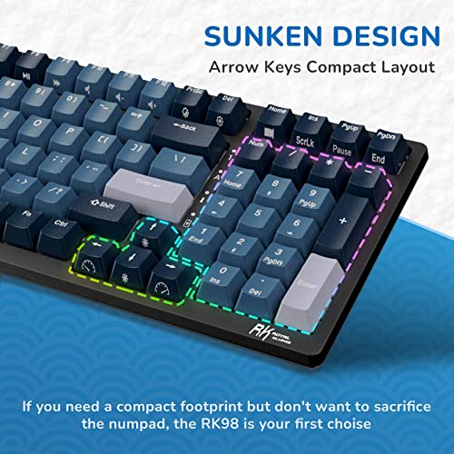 Rk Royal Kludge Rk98 Mechanical Gaming Keyboard Triple Mode 2.4G/Bt5.1/Usb-C 100 Keys Hot Swappable Linear Red Switches With Number Pad Rgb Backlit 3750Mah Battery Nkro Keyboard Ergonomic Design #TOP6