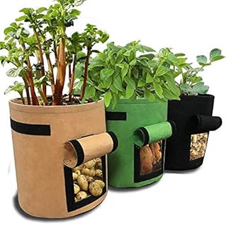 GEMGO 3 Pack Potato Grow Bag, 7 Gallon Aeration Waterproof Fabric Sweet Potato Planter, Harvest Window Vegetable Peanut Growing Box Bucket Pot for Nursery Garden (3 Pack, Black Brown Green)
