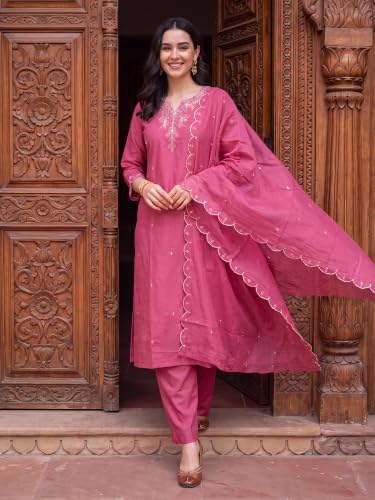 Image of INDO ERA Women's Silk Blend Embroidered Straight Kurta Pant with Dupatta Set