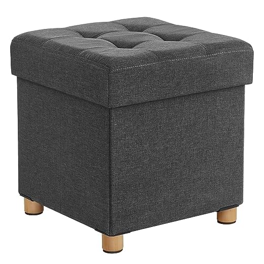 SONGMICS Puff Almancenaje, Banco Almacenaje, Taburete con Reposapiés, Plagable, Banco con Almacenamiento, 38 x 38 x 40, para Sala de Estar, Dormitorio, Gris Oscuro LSF14GYZ