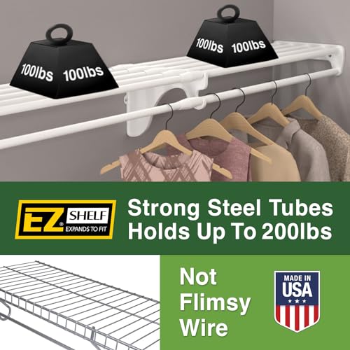 Image of EZ SHELF - Hanging Shelf - Closet Rod - Expands 63.3-118 inch - White, Closet Shelves - Strong, Holds 200 lbs - DIY, Easy Install - to 2 Side Walls - Alternative to Wire Shelving