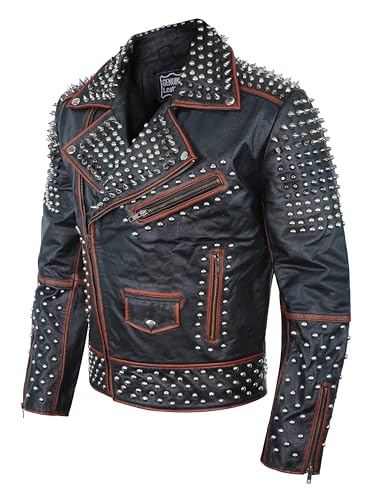 Image of Men's Studded Cowhide Leather Biker Jacket - Punk Rock Spiked Brando Coat