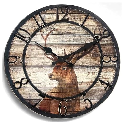 TIANCENTRAL H Wood Deer Clocks for Living Room Round Silent Wall Clock Vintage Decoration Time Clocks Home Kitchen School Office Wall Clocks Battery Operated by 12 inches