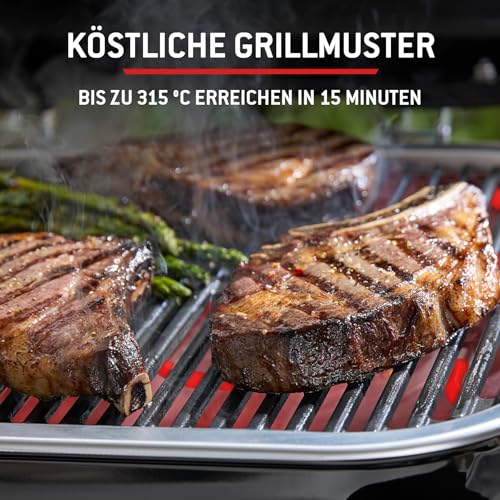 Weber Lumin Compact Tragbarer Kompakter Elektrogrill, Bis zu 315 °C, mit Deckelthermometer, Porzellanemaillierte Gusseisenroste, 43 x 32 cm Grillfläche, Schwarz (1502044)