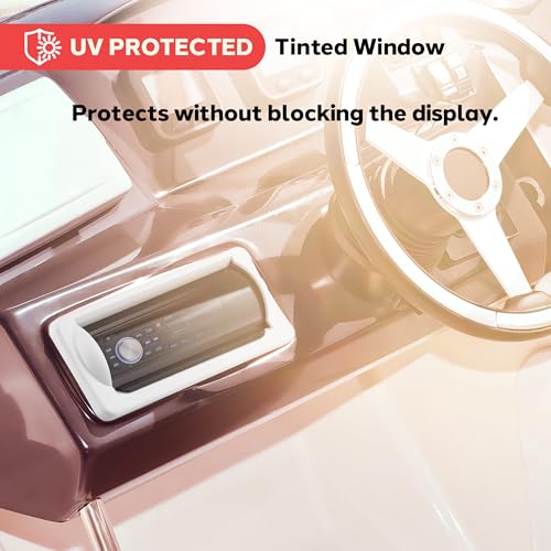 Image of Pyle Water Resistant Marine Stereo Cover - Smoke Colored Heavy Duty Boat Radio Protector Shield with Flip-up Door & Spring Loaded Release - Mounting Gasket Included - Pyle PLMRCW2,White