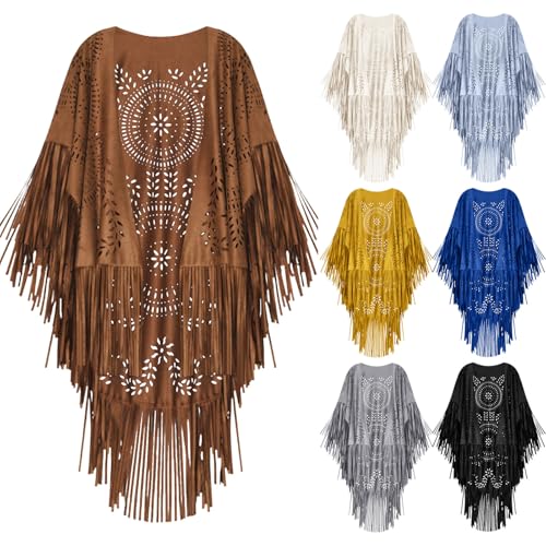 HGps8w Women's Western Faux Suede Shawls and Wraps, Vintage Hollow Long Tassels Stole Shrug Cape Scarf2