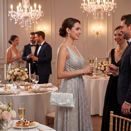 Image of Clutch Purses for Women Evening Bag Formal Dressy | Crossbody Bag with Metal Chain, Stylish Clutch, Pleated Style, Polyester, for Wedding, Prom, Cocktail Party