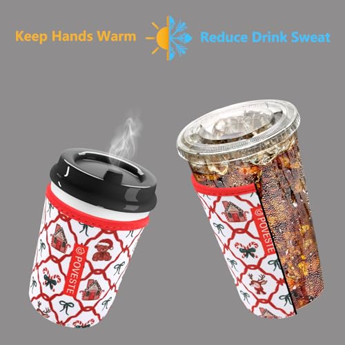 Image of Reusable Neoprene Insulator Sleeve for Iced Coffee & Cold Soda, Coffee Sleeves for Iced & Hot Drinks, Cold Beverage Cooler Compatible with Starbucks, Dunkin (Bow Christmas, Small: 16-18oz)