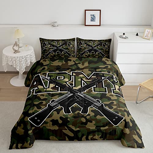 Loussiesd Set di biancheria da letto mimetico marrone verde mimetico campeggio caccia piumino stile militare set Trapunta inserto/trapunta set ultra morbido Hunter Decor taglia 135x200cm