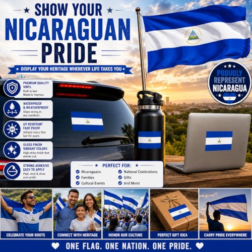 Image of Nicaragua Vinyl Flag Stickers, Car Decals, Waterproof Indoor Outdoor, Laptop Stickers, Car Bumper, Nicaraguan Flag, 5 x 3 Inches, Set of 3