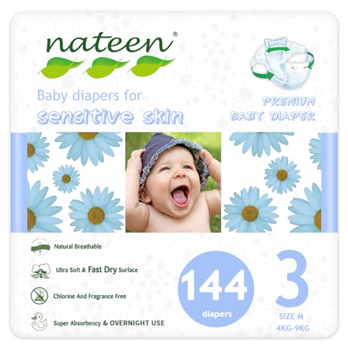 Nateen Premium Baby Diapers, Overnight Use Disposable Diapers for Sensitive Skin, Ultra Thin Diapers with Comfortable Fit. (Size 3 (Medium), 144, Count), White