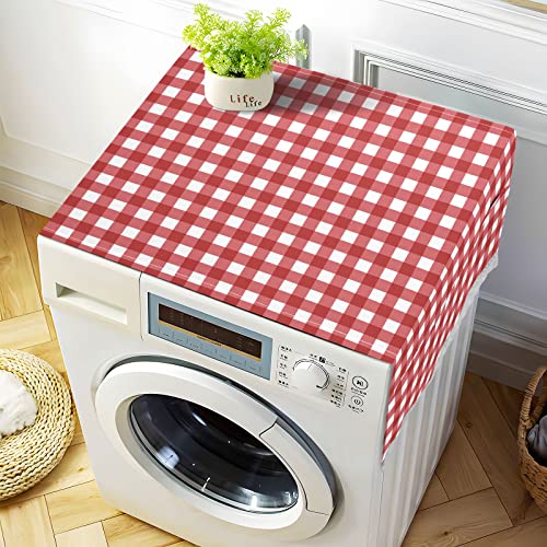 Pale Blue Checkboard Washer Dryer Cover, Washing Machine Refrigerator Dustproof Protective Covers with Lace Storage Pockets for Top Load Machine, 51.2 x 22 inches