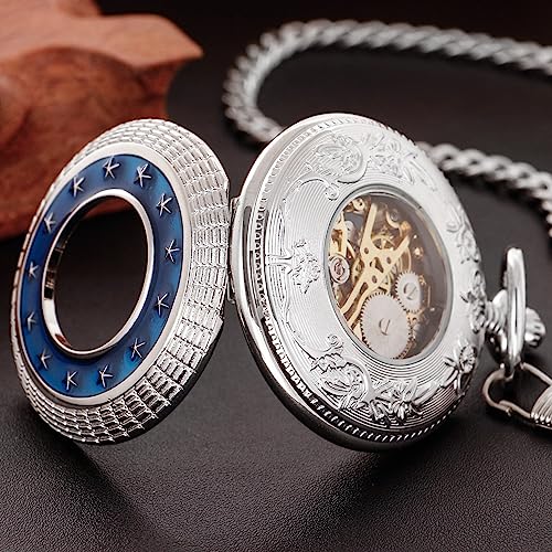Image of Classic Silver Mechanical Pocket Watch, Roman Numerals Silver Pocket Watch with Chain Box for Men