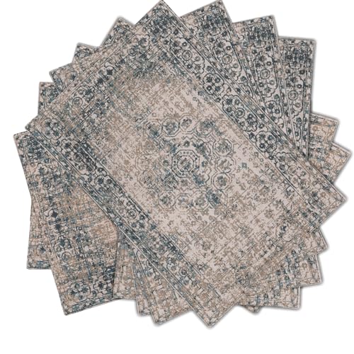 Image of Grey Brown Ethnic Boho Placemats Set of 6 Bohemian Carpet Vintage Gray Linen Washable Kitchen Dining Table Mats Stain Heat-Resistant Desktop Decor Place Mats for Home Party Indoor 12x18 in