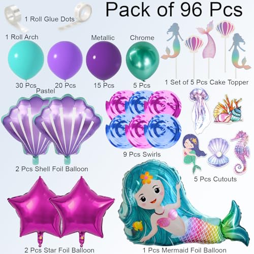 Image of Rozi Decoration Mermaid Theme Balloons for Birthday Set - 96 Pcs Hanging Swirls, Cake Topper, Foil & Latex Balloons Kit | Mermaid Theme Birthday Decorations