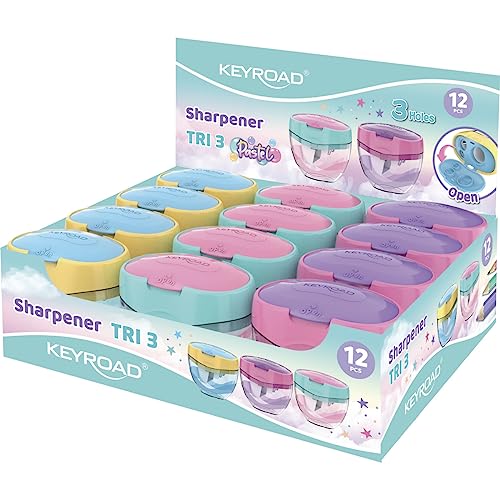 KEYROAD Ergonomischer Dreifachspitzdose Dreifach-Anspitzer Pastell / 12 Stück/Klingen aus Stahl/von Bleistiften und Buntstiften/Für Kindergarten Vorschule und Schule/Sharpener Spitzer