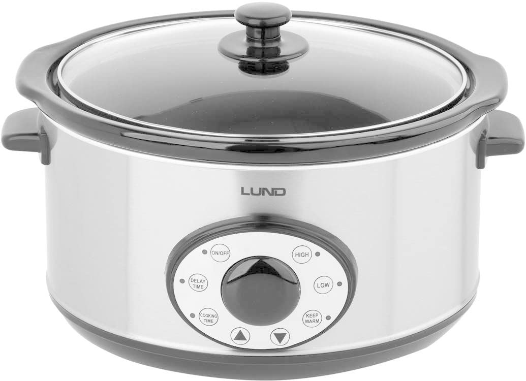 Langsamgar 280W 4,5L mit Timer, Elektrischer Slow Cooker, Digitales Kontrollfeld, Warmhaltefunktion, Schüssel abnehmbar, Rostfreier Stahl, Vielseitiges Schmoren und Garen