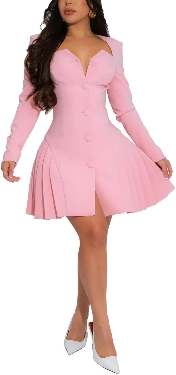 Women's V-Neck Long-Sleeved Front-Button Pleated mini Skirt, A-Shaped Design, Fitted Skirt Hem Style