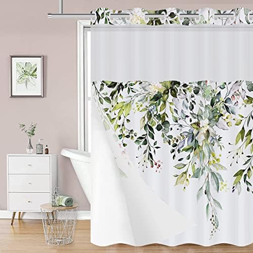 REZAYMRS Green Floral 3 in 1 Shower Curtain No Hooks, 71x74 inch Waterproof & Washable, Polyester Shower Curtains with Snap in Fabric Liner, Sheer Top Window, Double Layer Bathtubs Hotel Curtain Set