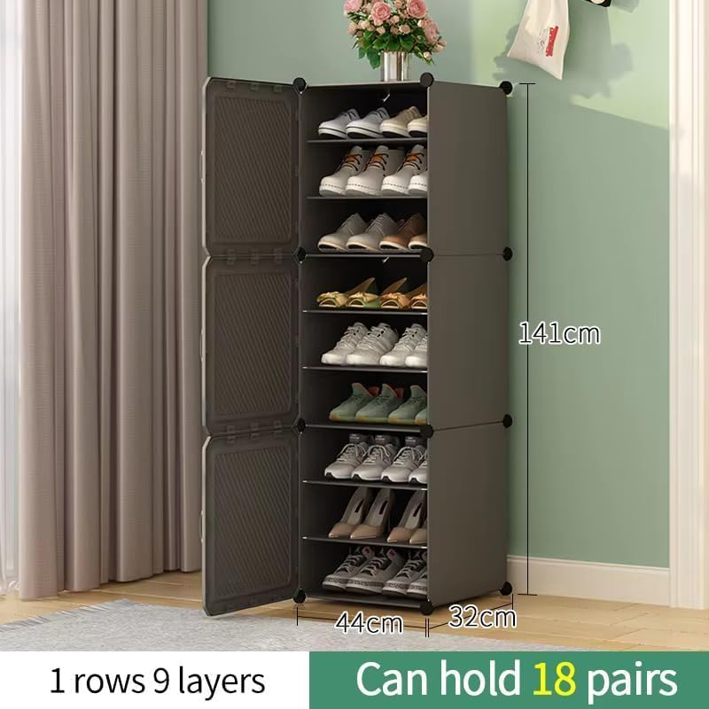 Image of Plastic Shoe Rack for Home with Door | 9-Shelf DIY Shoe Cabinet Organiser | Stores 18 Pairs | Foldable & Waterproof Shoe Stand for Entryway, Bedroom (Grey-HU, 9-Layer)