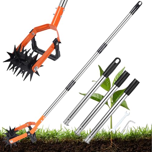 Cultivador Rotativo, Cultivador Manual de Jardín de Acero Inoxidable de 146 Cm/57,5 Pulgadas, Poste Ajustable de Acero Inoxidable, Ángulo de Cuchilla de Deshierbe Ajustable, con Orificio para Colgar