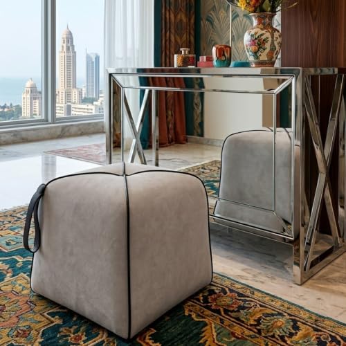 Image of FURNY Signature Cresta Suri Accent Pouf | Boston Fabric | 40D High-Density Foam | (Light Grey) | Footrest, Vanity Ottoman & Accent Seat for Home, Office & Hotel