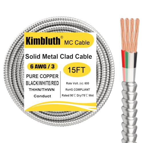 Image of 6 /3 Metal Clad (MC) Cable with Ground 15ft, 6 Gauge Electric Wire with Aluminum Armor, Solid Bare Copper Conductors for Indoor Outdoor Underground Embedded Installation (6 /3, 15 FT)
