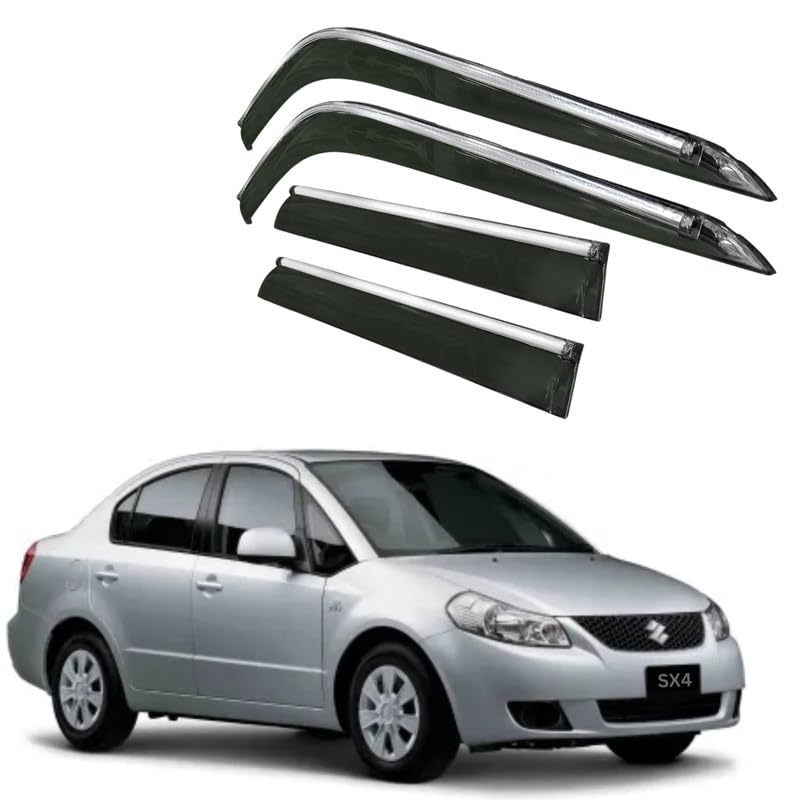 Image of CAR SAAZ Side Door Visors for SX4 (2007-2013) (Set of 4Pcs)|Chrome Lined Rain Guards, Polycarbonate, Smoke Finish