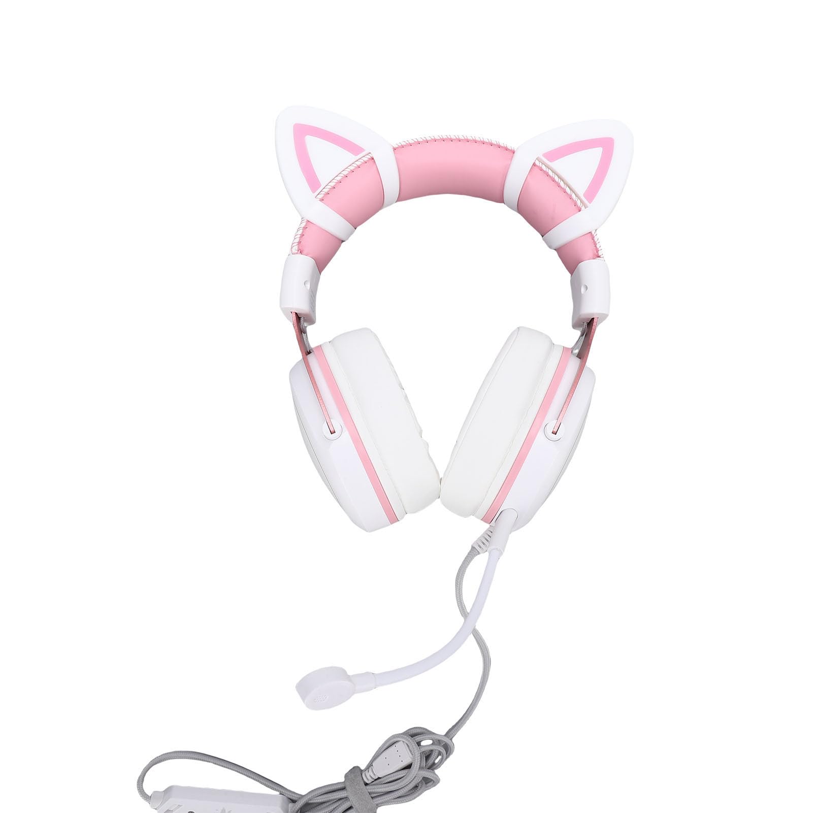 Sxhlseller Casque de Jeu Filaire pour PC avec écouteurs Lumineux RVB, Microphone à Réduction de Bruit Réglable pour Un Son Clair, Décor Oreilles de Chat Blanc Rose, Confort en Mousse à Mémoire de