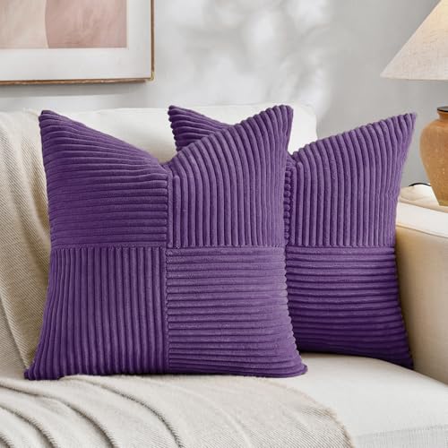 Image of Fancy Homi Set of 2, Purple Patchwork Corduroy Decorative Soft Striped Modern Accent Cushion Case Farmhouse Boho Neutral Throw Pillow Covers for Chair Couch Bed Sofa Living Room 28x28 Inch