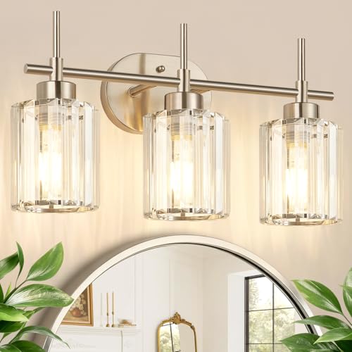 Image of 3-Light Bathroom Vanity Light Fixture, Brushed Nickel Bathroom Light with K9 Clear Crystal Shades, Modern Wall Sconce Lighting for Bathroom Mirror, Bedroom, Hallway