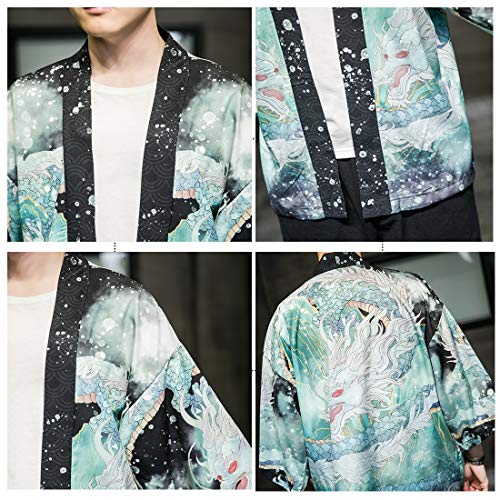 Image of Men's Japanese Kimono Robe Jacket Lightweight 3 /4 Sleeve Open Front Yukata | Silky Smooth Fashion Print Happi Coat Lightweight Breathable Loose Unisex Haori Casual Summer Cardigan Daily Beach Vacation
