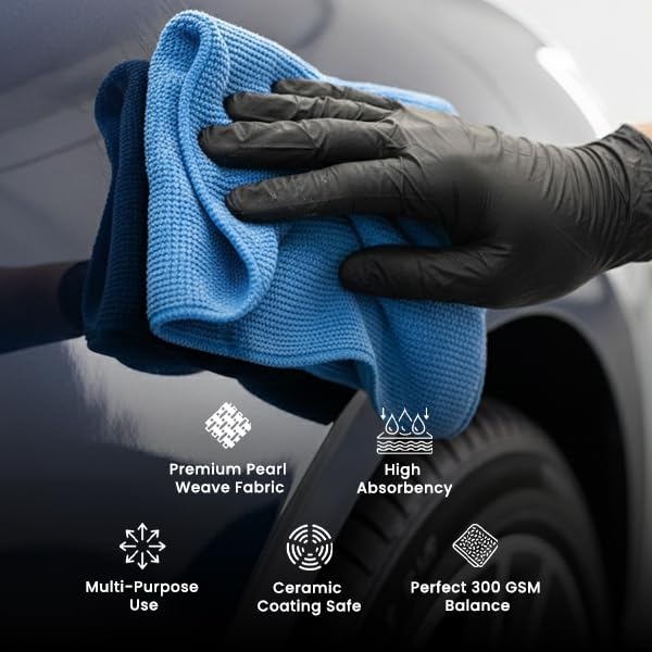 Image of Pearl Weave Microfiber Cloth Blue 300 GSM | Pack of 3 |Car Detailing Towel for Ceramic Coating, Polish & Wax | Scratch-Free, Lint-Free, Ultra Soft Cleaning Cloth for Cars & Bikes (40x40 cm)