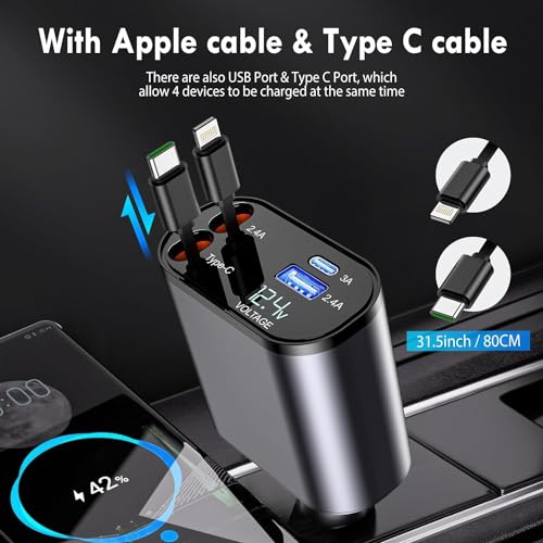 Image of 120W Fast Car Charger (2025 New Model) | Retractable 80CM Type-C Cable | 4-Port Universal Car Adapter for Smartphones & Tablets | Quick Charge Multi-Device Car Charger