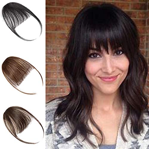 Clip in on Air Bangs One Piece Fringe 100% Remy Human Hair Extensions Hairpiece Full Front Neat Air Fringe Hand Tied Straight Flat Bangs with Temples for Women #1B Natural Black 3g