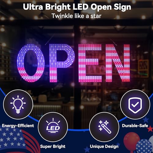 Image of LED Open Signs for Business, 48 inch x 17 inch Large Open Sign LED with 3 Scene Modes, Ultra Bright Adjustable Light Up Sign for Storefront Window Glass Door Shop Store Bar Cafes Restaurant (US Flag)