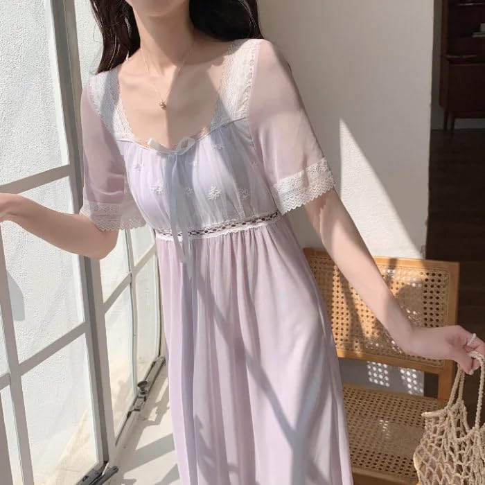 OFFSUM Camisón De Pijama De Mujer - Verano Malla Encaje Bordado Cuello Cuadrado Ropa De Dormir Dulce Tamaño Grande Temperamento Camisón Princesa Ropa De Casa Vestido